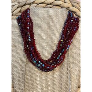 Vintage Ruby Red AB Iridescent Multi Strand Beaded Statement Necklace Gold Tone